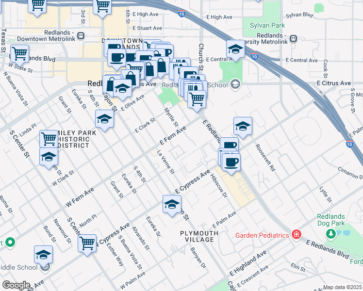map of restaurants, bars, coffee shops, grocery stores, and more near 460 Sonora Circle in Redlands