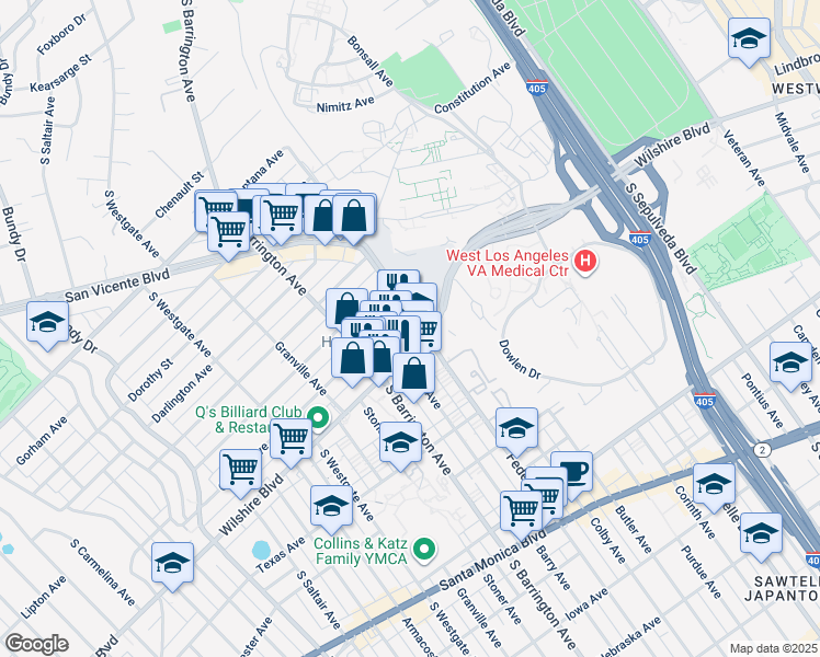 map of restaurants, bars, coffee shops, grocery stores, and more near 11177 San Vicente Boulevard in Los Angeles