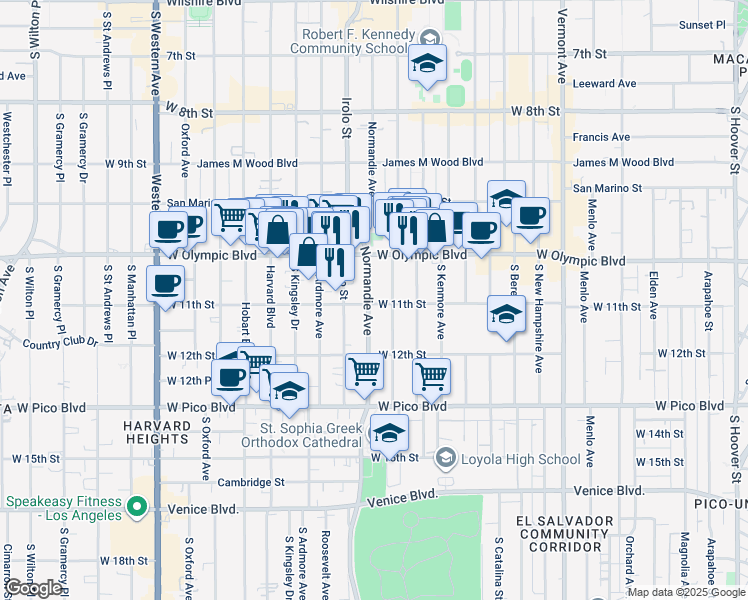 map of restaurants, bars, coffee shops, grocery stores, and more near 1056 Normandie Avenue in Los Angeles