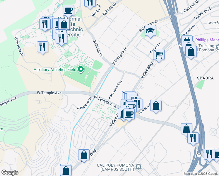 map of restaurants, bars, coffee shops, grocery stores, and more near 3801 West Temple Avenue in Pomona