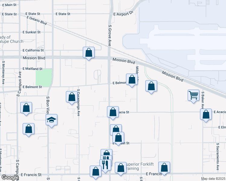 map of restaurants, bars, coffee shops, grocery stores, and more near 1115 South Grove Avenue in Ontario