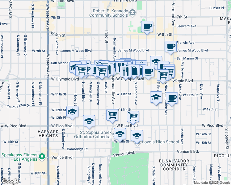 map of restaurants, bars, coffee shops, grocery stores, and more near 1056 South Normandie Avenue in Los Angeles