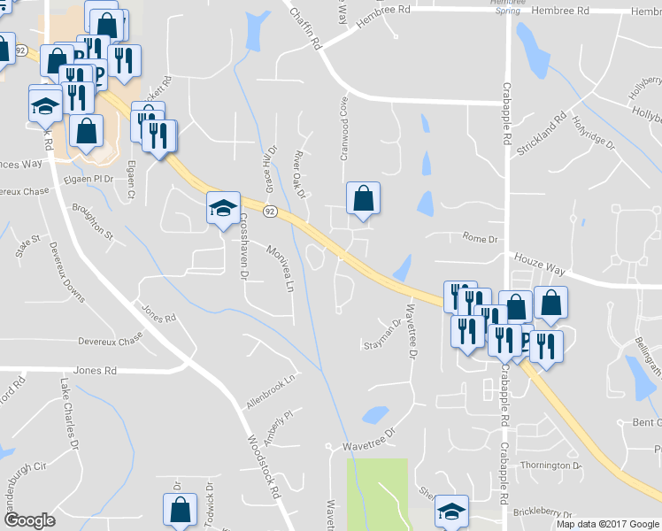 map of restaurants, bars, coffee shops, grocery stores, and more near 5010 Foxberry Lane in Roswell