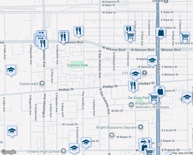 map of restaurants, bars, coffee shops, grocery stores, and more near 1200 South San Antonio Avenue in Ontario