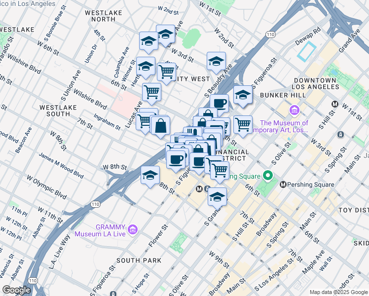 map of restaurants, bars, coffee shops, grocery stores, and more near 915 Wilshire Boulevard in Los Angeles