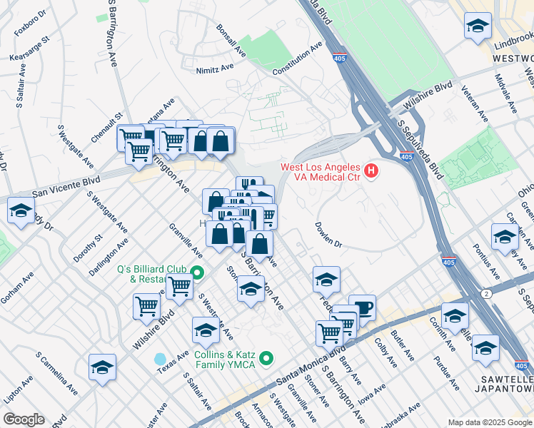 map of restaurants, bars, coffee shops, grocery stores, and more near 11177 San Vicente Boulevard in Los Angeles