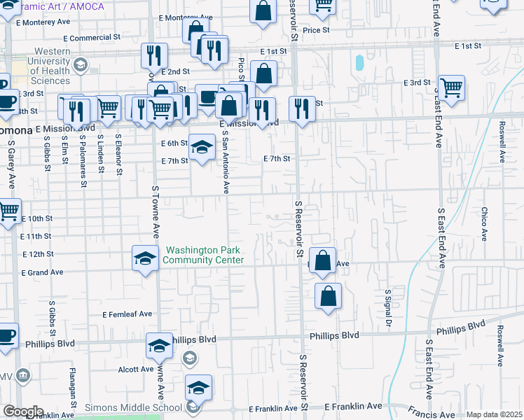 map of restaurants, bars, coffee shops, grocery stores, and more near 1069 Hibiscus Court in Pomona