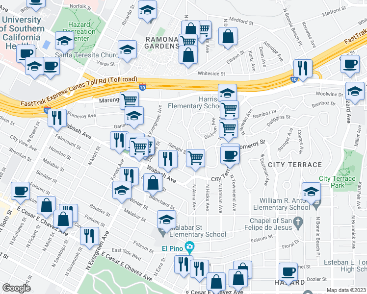 map of restaurants, bars, coffee shops, grocery stores, and more near 1104 Stone Street in Los Angeles