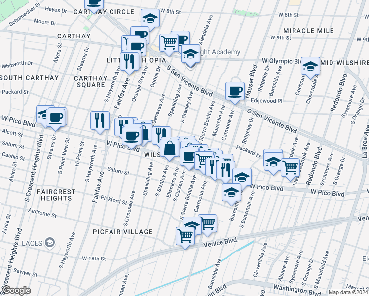 map of restaurants, bars, coffee shops, grocery stores, and more near 1339 South Curson Avenue in Los Angeles