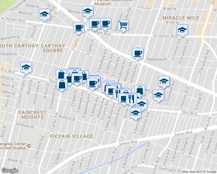 map of restaurants, bars, coffee shops, grocery stores, and more near 1339 South Curson Avenue in Los Angeles
