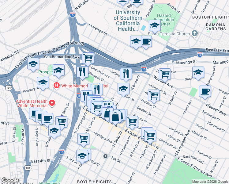 map of restaurants, bars, coffee shops, grocery stores, and more near 2120 Sheridan Street in Los Angeles