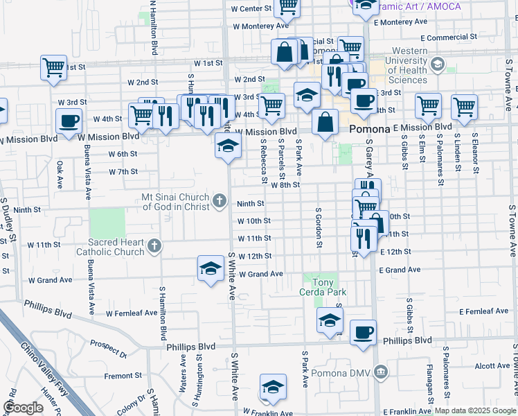 map of restaurants, bars, coffee shops, grocery stores, and more near 730 West 9th Street in Pomona
