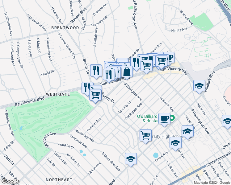 map of restaurants, bars, coffee shops, grocery stores, and more near 11961 Montana Avenue in Los Angeles