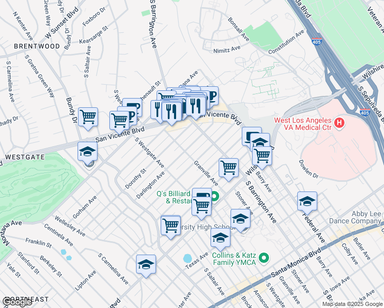 map of restaurants, bars, coffee shops, grocery stores, and more near 962 Granville Avenue in Los Angeles