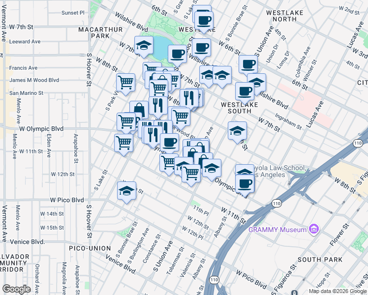 map of restaurants, bars, coffee shops, grocery stores, and more near 928 South Burlington Avenue in Los Angeles