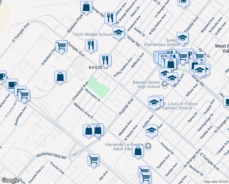 map of restaurants, bars, coffee shops, grocery stores, and more near 570 Millbury Avenue in La Puente