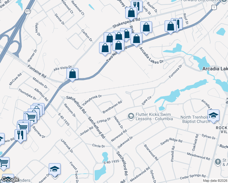 map of restaurants, bars, coffee shops, grocery stores, and more near 6625 Valleybrook Drive in Columbia