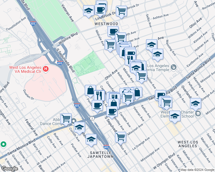 map of restaurants, bars, coffee shops, grocery stores, and more near 1521 Greenfield Avenue in Los Angeles