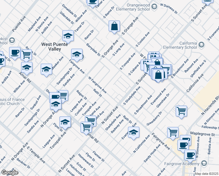 map of restaurants, bars, coffee shops, grocery stores, and more near 1931 South Starfall Drive in West Covina