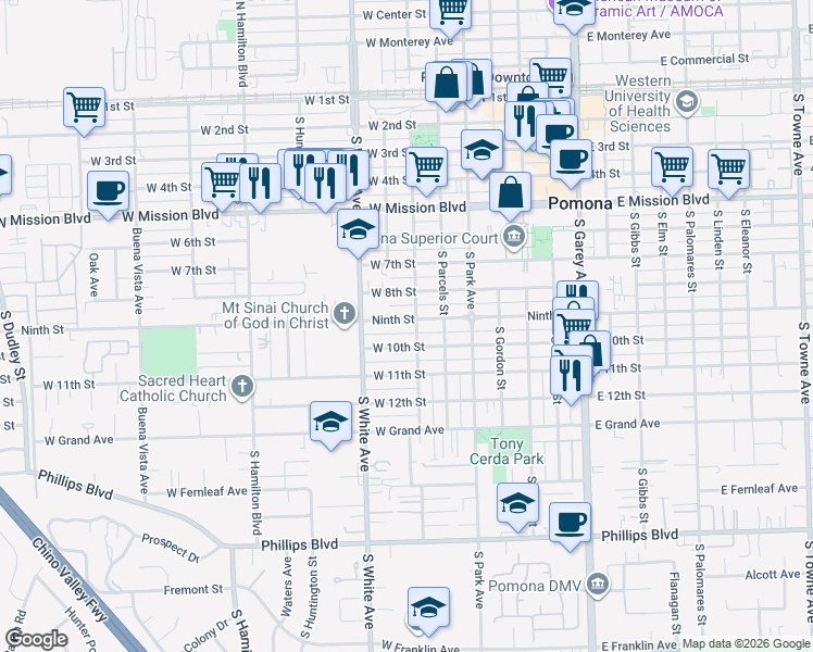 map of restaurants, bars, coffee shops, grocery stores, and more near 730 West 9th Street in Pomona