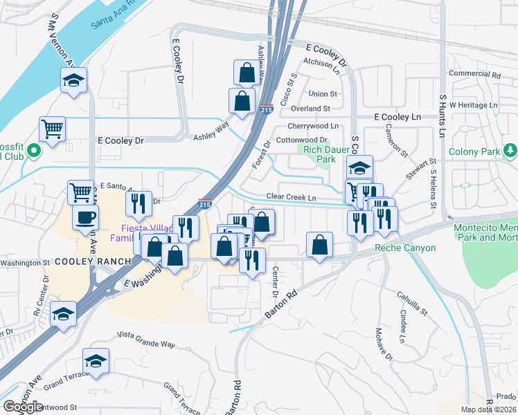 map of restaurants, bars, coffee shops, grocery stores, and more near 1150 South Meadow Lane in Colton