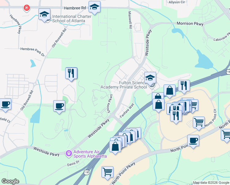 map of restaurants, bars, coffee shops, grocery stores, and more near 9600 Westside Parkway in Alpharetta
