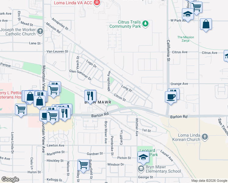 map of restaurants, bars, coffee shops, grocery stores, and more near 11153 Morningstar Place in Loma Linda