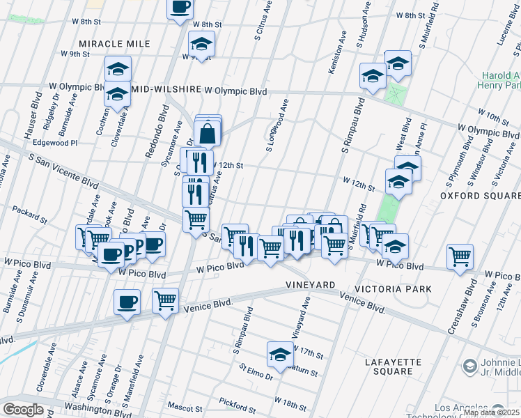 map of restaurants, bars, coffee shops, grocery stores, and more near 1303 South Tremaine Avenue in Los Angeles