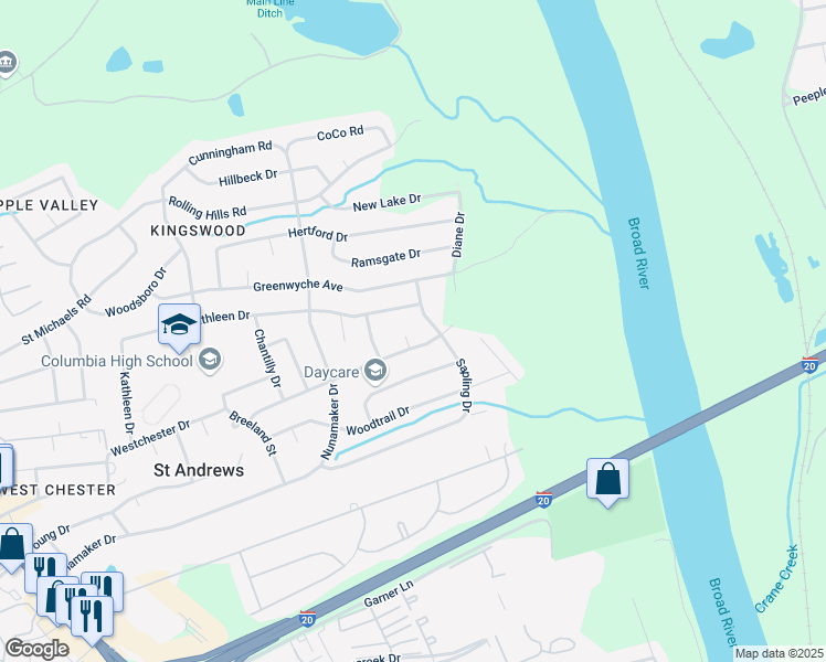 map of restaurants, bars, coffee shops, grocery stores, and more near 2116 Kathleen Drive in Columbia
