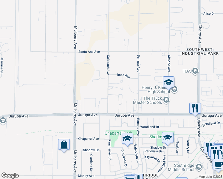 map of restaurants, bars, coffee shops, grocery stores, and more near 11139 Calabash Avenue in Fontana