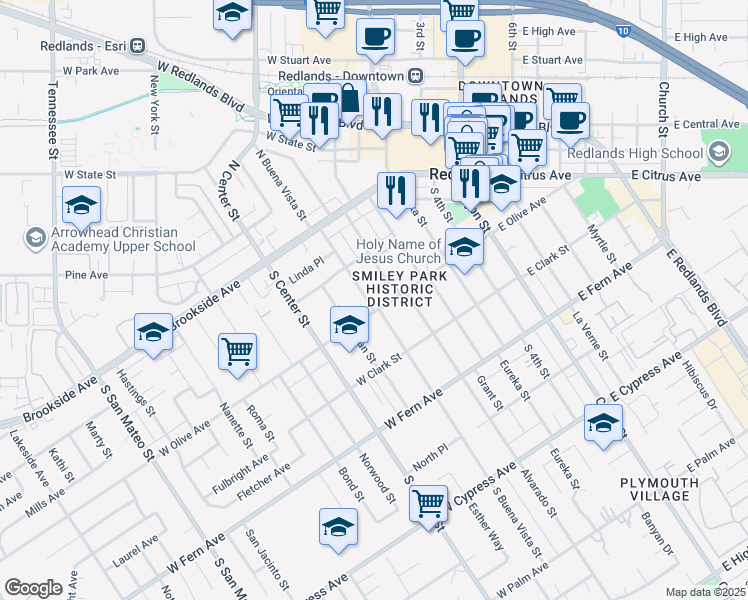 map of restaurants, bars, coffee shops, grocery stores, and more near 144 Parkwood Drive in Redlands