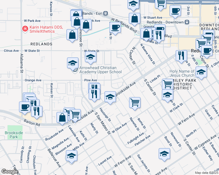 map of restaurants, bars, coffee shops, grocery stores, and more near 11 Pine Avenue in Redlands