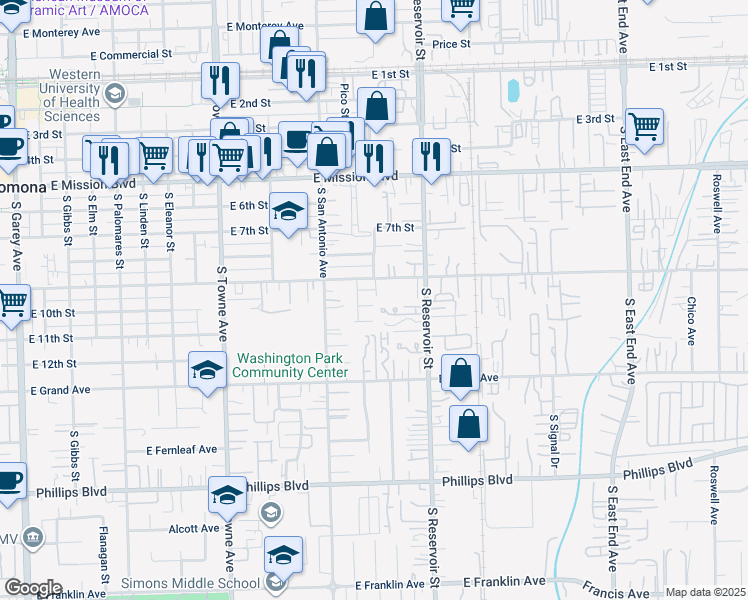 map of restaurants, bars, coffee shops, grocery stores, and more near 1069 Hibiscus Court in Pomona