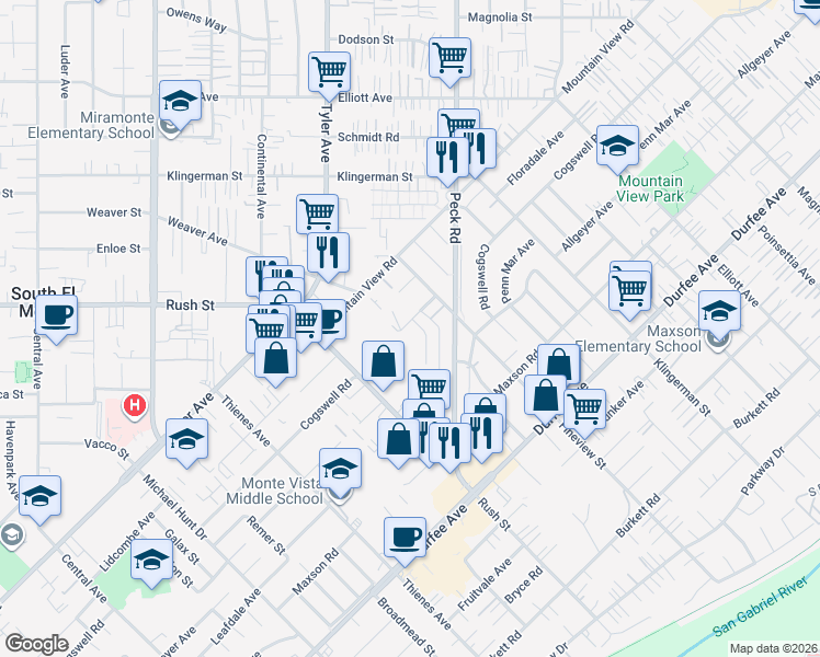 map of restaurants, bars, coffee shops, grocery stores, and more near 2130 Cogswell Road in El Monte