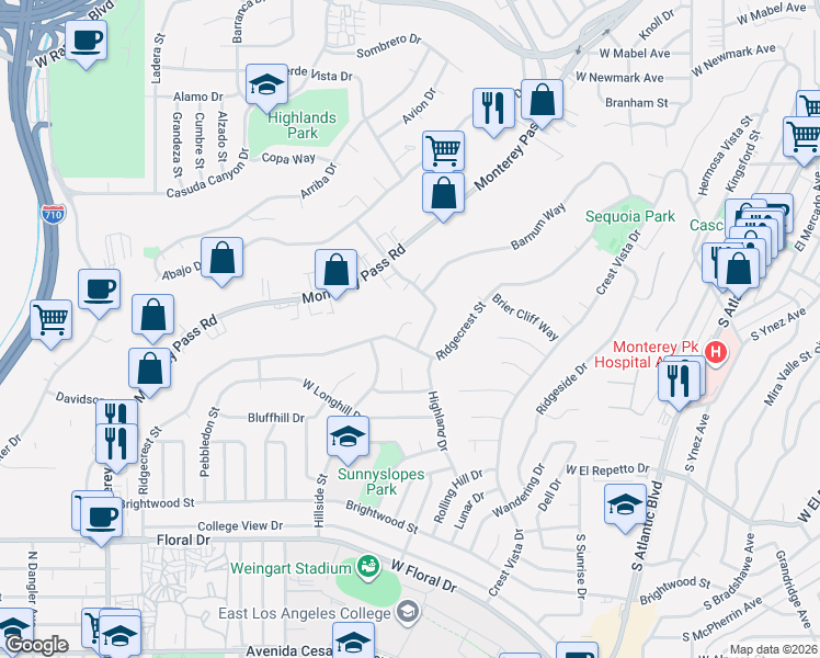 map of restaurants, bars, coffee shops, grocery stores, and more near 1540 Ridgecrest Way in Monterey Park