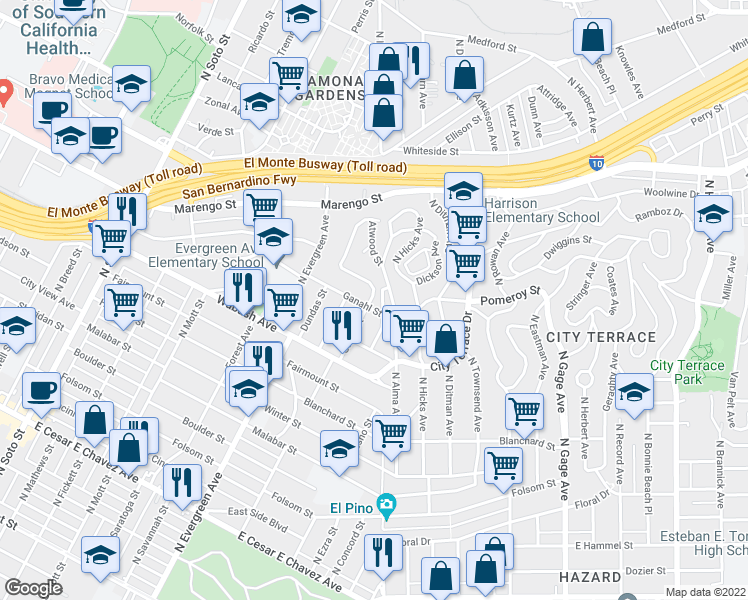 map of restaurants, bars, coffee shops, grocery stores, and more near 1120 Stone Street in Los Angeles