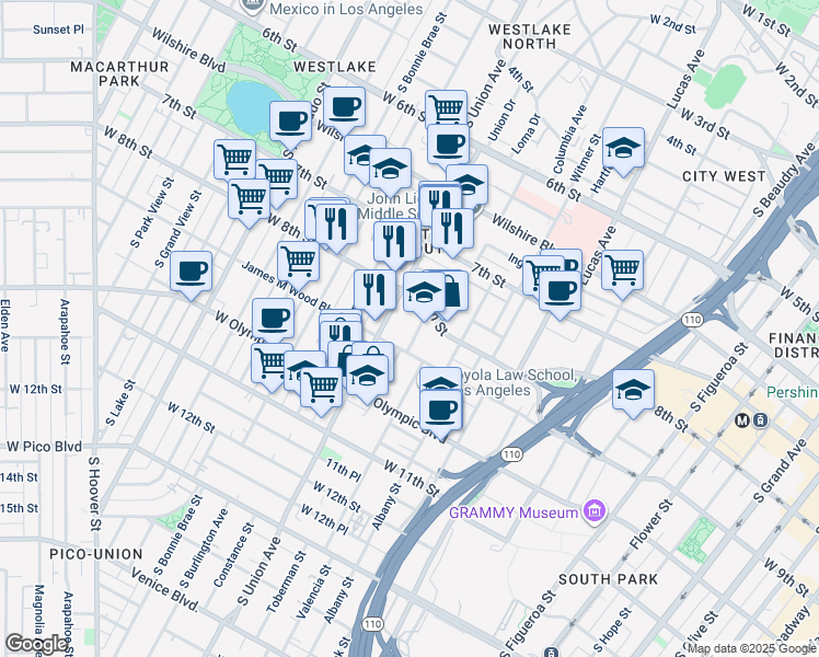 map of restaurants, bars, coffee shops, grocery stores, and more near 820 South Union Avenue in Los Angeles