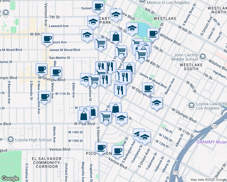 map of restaurants, bars, coffee shops, grocery stores, and more near 1048 South Grand View Street in Los Angeles