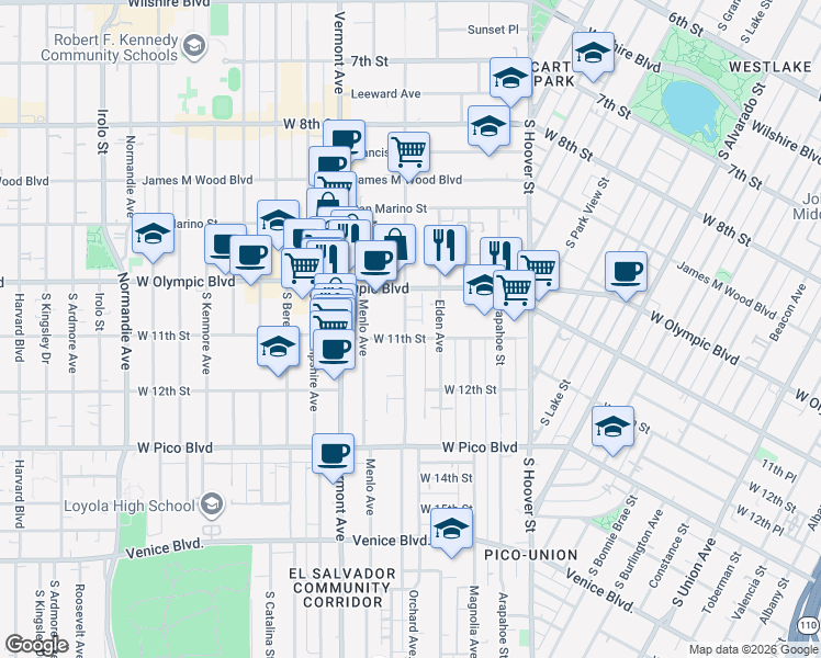 map of restaurants, bars, coffee shops, grocery stores, and more near 1034 South Westmoreland Avenue in Los Angeles