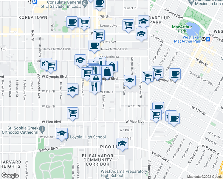 map of restaurants, bars, coffee shops, grocery stores, and more near 1030 Menlo Avenue in Los Angeles