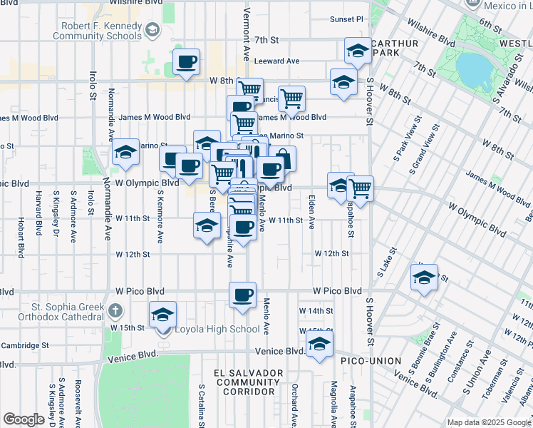 map of restaurants, bars, coffee shops, grocery stores, and more near 1030 Menlo Avenue in Los Angeles