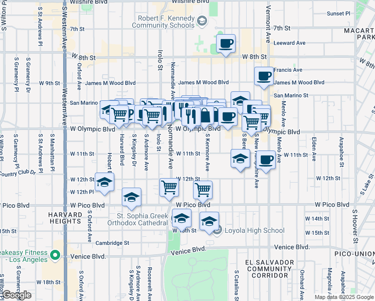 map of restaurants, bars, coffee shops, grocery stores, and more near 1039 South Mariposa Avenue in Los Angeles