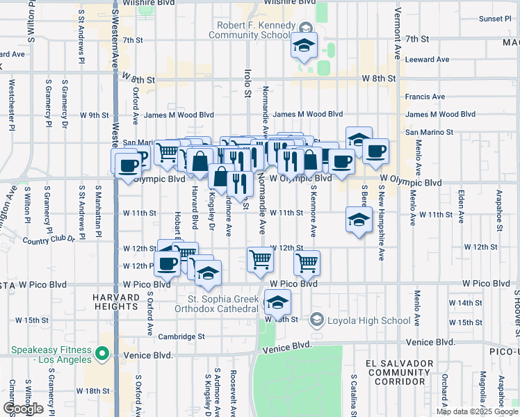 map of restaurants, bars, coffee shops, grocery stores, and more near 1036 Irolo Street in Los Angeles
