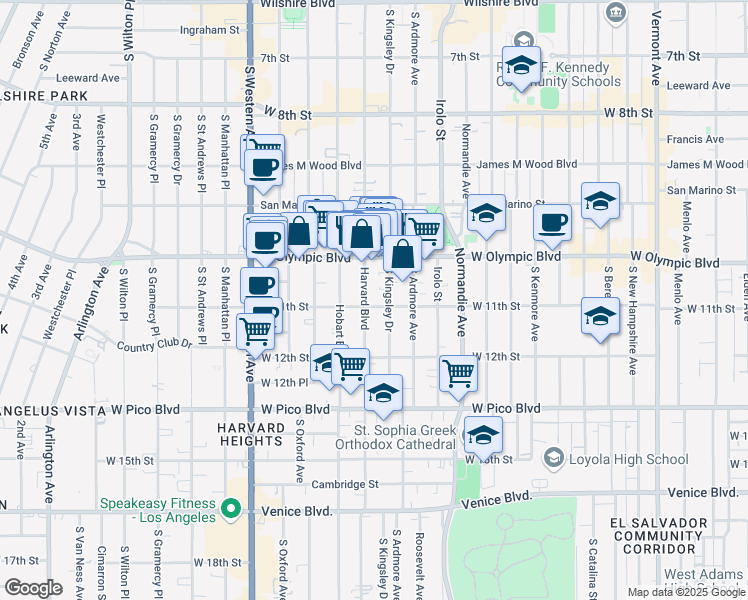 map of restaurants, bars, coffee shops, grocery stores, and more near 1039 South Kingsley Drive in Los Angeles