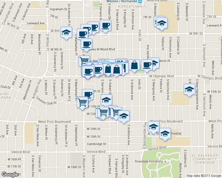 map of restaurants, bars, coffee shops, grocery stores, and more near 1038 South Hobart Boulevard in Los Angeles