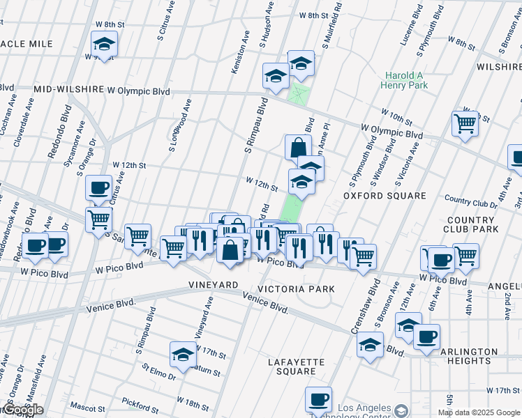 map of restaurants, bars, coffee shops, grocery stores, and more near 1218 South Muirfield Road in Los Angeles