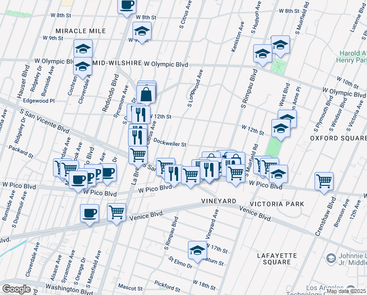 map of restaurants, bars, coffee shops, grocery stores, and more near 1260 South Tremaine Avenue in Los Angeles