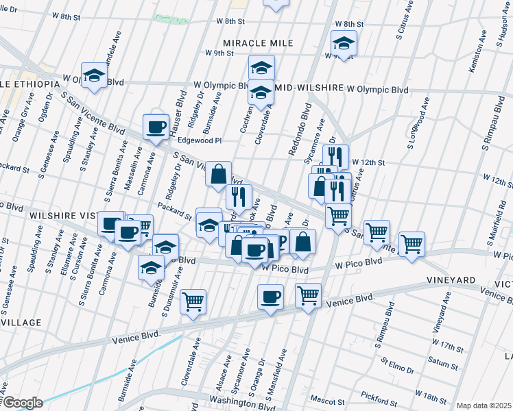 map of restaurants, bars, coffee shops, grocery stores, and more near 5218 San Vicente Boulevard in Los Angeles