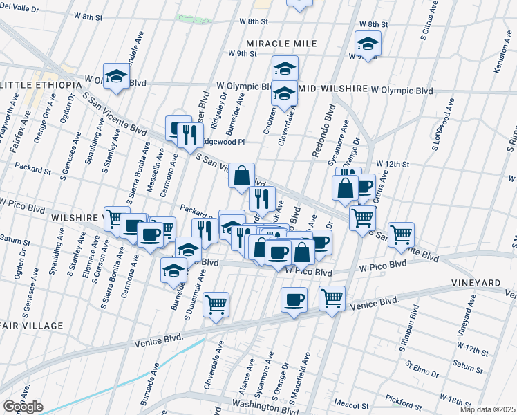 map of restaurants, bars, coffee shops, grocery stores, and more near 1270 South Cloverdale Avenue in Los Angeles