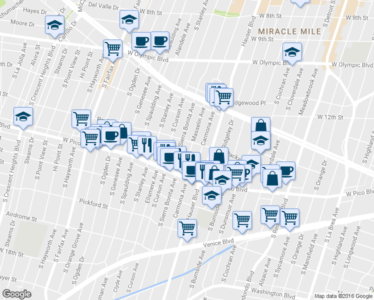 map of restaurants, bars, coffee shops, grocery stores, and more near 5540 Packard Street in Los Angeles